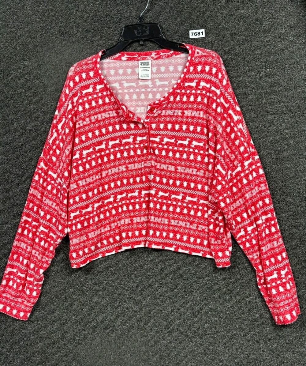 Pink Victoria’s Secret Top Womens Sz XXL Red Long Sleeve Sleep Lounge Christmas
